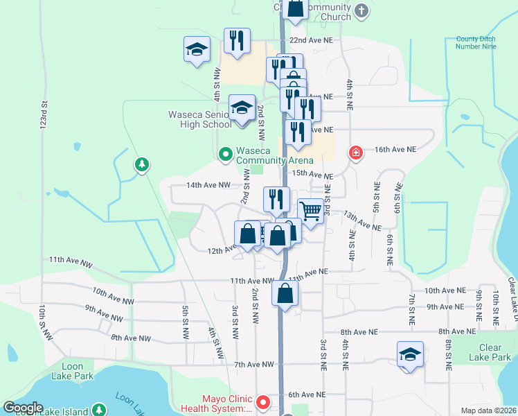 map of restaurants, bars, coffee shops, grocery stores, and more near 116 13th Avenue Northwest in Waseca