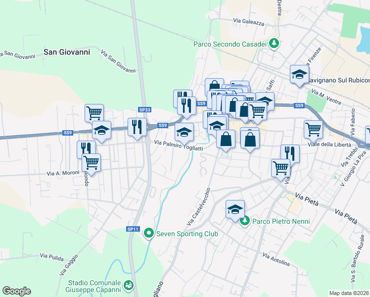 map of restaurants, bars, coffee shops, grocery stores, and more near 5 Via Palmiro Togliatti in Savignano Sul Rubicone