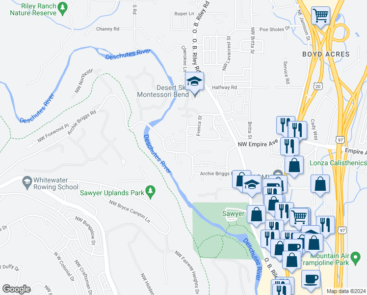 map of restaurants, bars, coffee shops, grocery stores, and more near 63097 Riverstone Drive in Bend