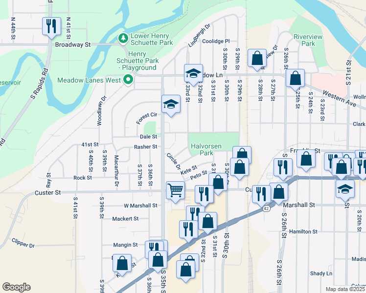 map of restaurants, bars, coffee shops, grocery stores, and more near 813 South 33rd Street in Manitowoc