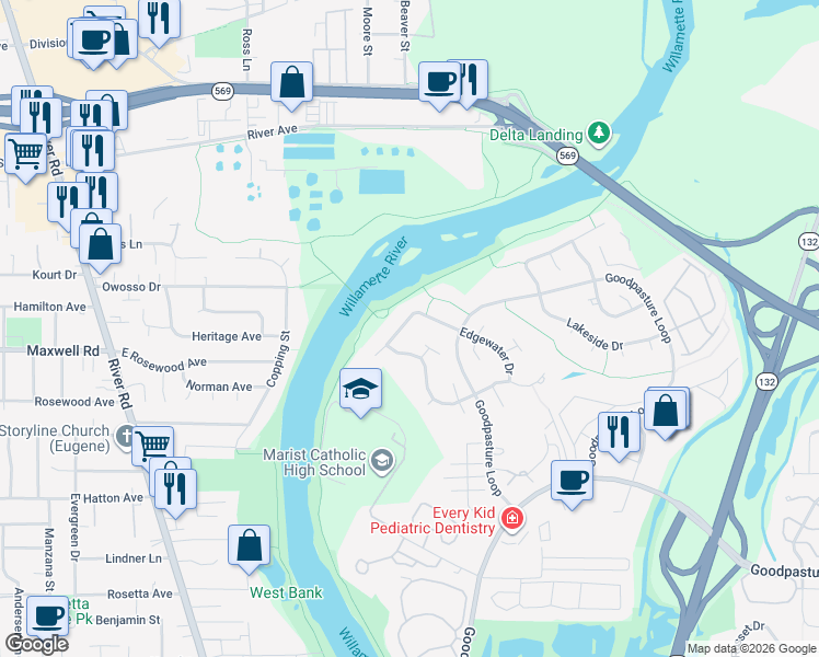 map of restaurants, bars, coffee shops, grocery stores, and more near 2879 Riverwalk Loop in Eugene