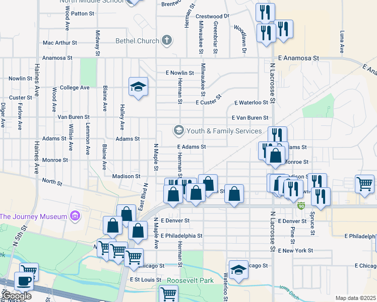 map of restaurants, bars, coffee shops, grocery stores, and more near 207 East Adams Street in Rapid City