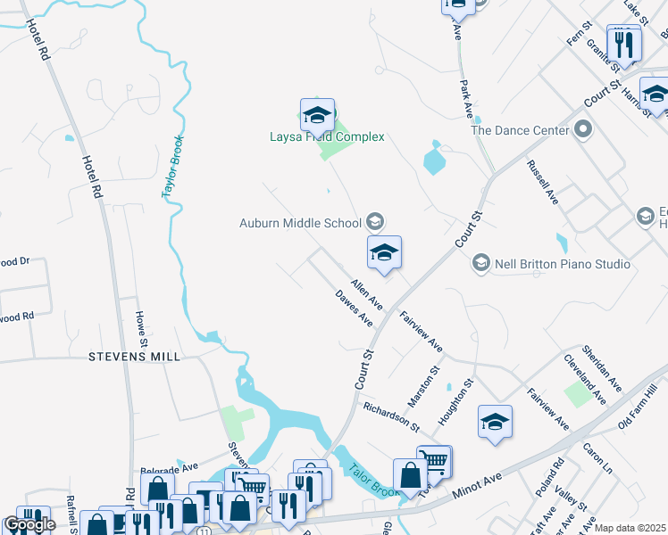 map of restaurants, bars, coffee shops, grocery stores, and more near 72 Allen Avenue in Auburn