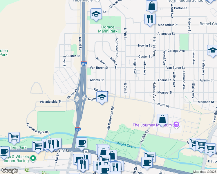 map of restaurants, bars, coffee shops, grocery stores, and more near 714 Joy Avenue in Rapid City