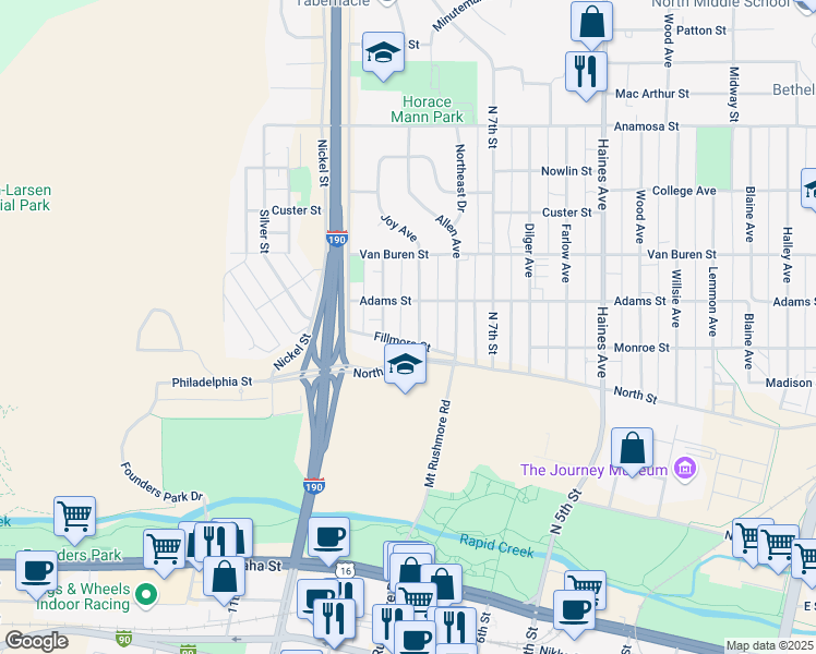 map of restaurants, bars, coffee shops, grocery stores, and more near 709 Joy Avenue in Rapid City