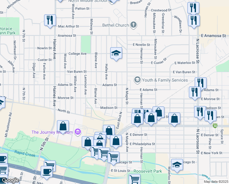 map of restaurants, bars, coffee shops, grocery stores, and more near 715 Holcomb Avenue in Rapid City