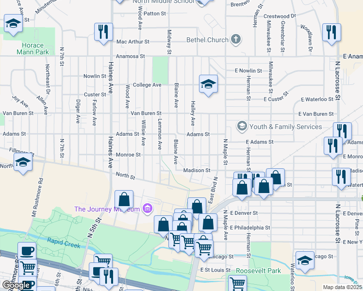 map of restaurants, bars, coffee shops, grocery stores, and more near 716 Blaine Avenue in Rapid City