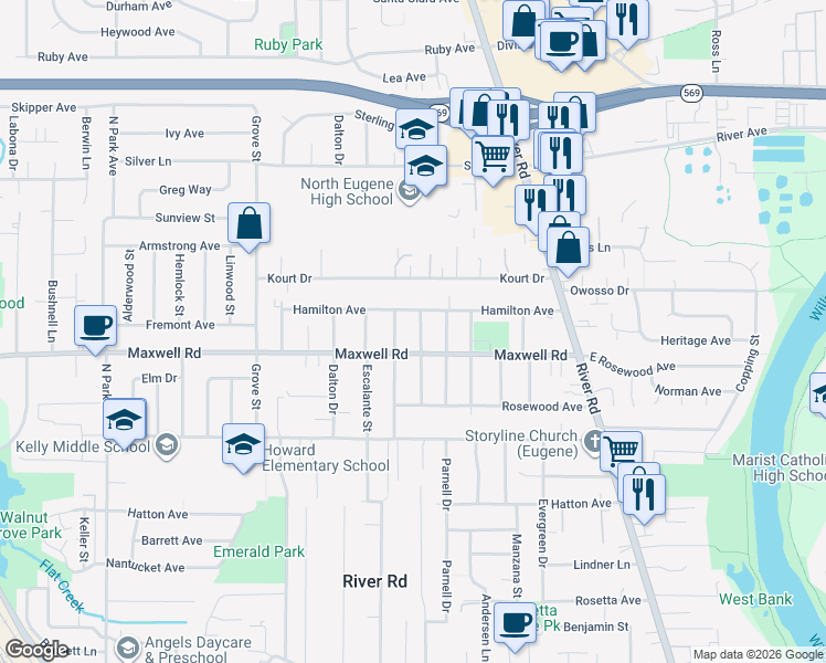 map of restaurants, bars, coffee shops, grocery stores, and more near 1746 Ridgefield Street in Eugene