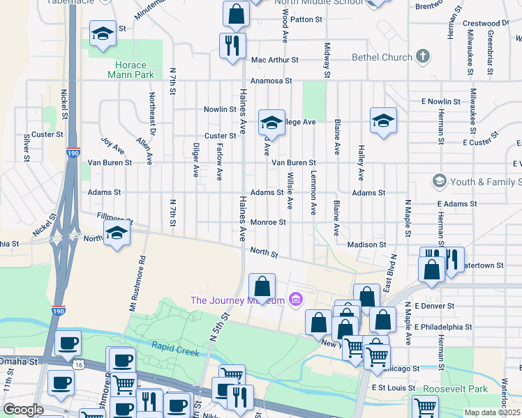 map of restaurants, bars, coffee shops, grocery stores, and more near 715 Wood Avenue in Rapid City