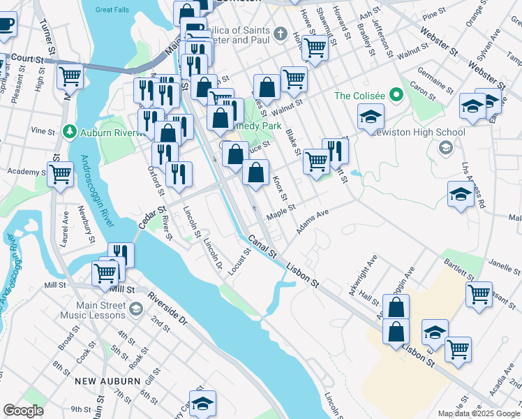 map of restaurants, bars, coffee shops, grocery stores, and more near 434 Lisbon St in Lewiston