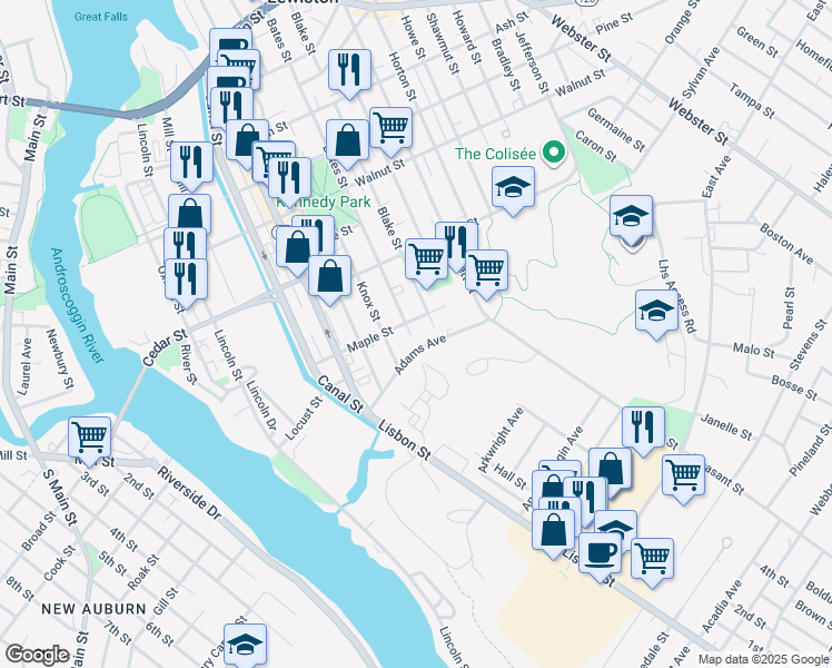 map of restaurants, bars, coffee shops, grocery stores, and more near 336 Bates Street in Lewiston