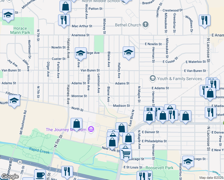 map of restaurants, bars, coffee shops, grocery stores, and more near 715 Halley Avenue in Rapid City