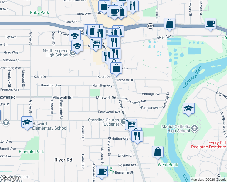 map of restaurants, bars, coffee shops, grocery stores, and more near 1709 River Road in Eugene