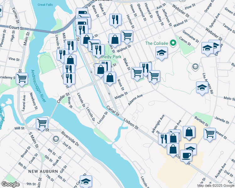 map of restaurants, bars, coffee shops, grocery stores, and more near 50 Maple Street in Lewiston