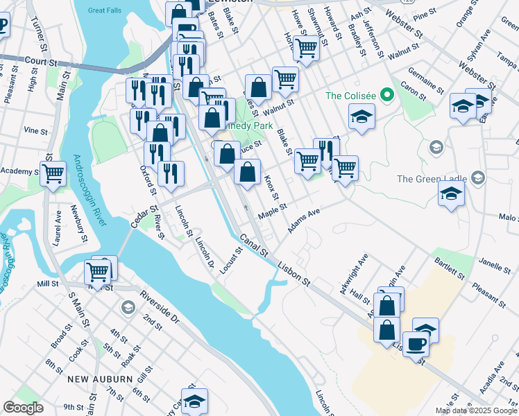 map of restaurants, bars, coffee shops, grocery stores, and more near 434 Lisbon Street in Lewiston