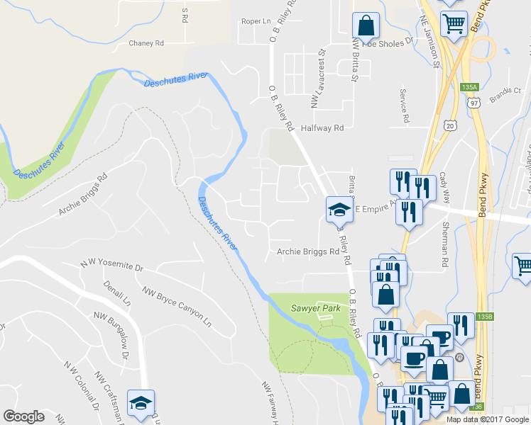 map of restaurants, bars, coffee shops, grocery stores, and more near 63098 Riverstone Drive in Bend