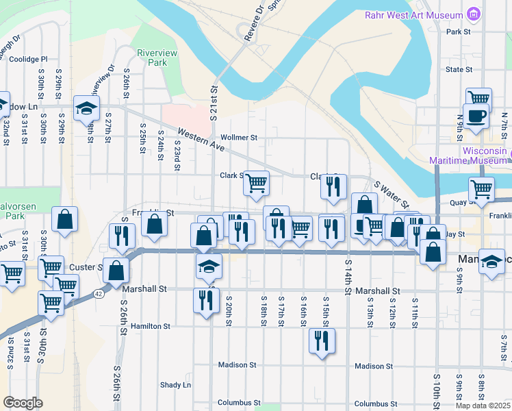 map of restaurants, bars, coffee shops, grocery stores, and more near 839 South 19th Street in Manitowoc