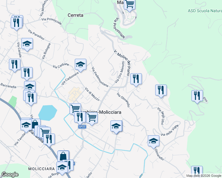 map of restaurants, bars, coffee shops, grocery stores, and more near 4 Via Molino del Piano in Colombiera-molicciara