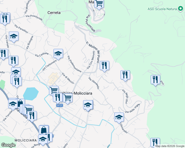 map of restaurants, bars, coffee shops, grocery stores, and more near 4 Via Molino del Piano in Colombiera-Molicciara