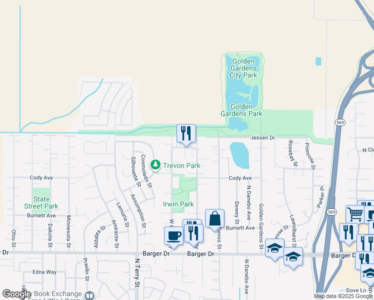 map of restaurants, bars, coffee shops, grocery stores, and more near West 16th Way in Eugene