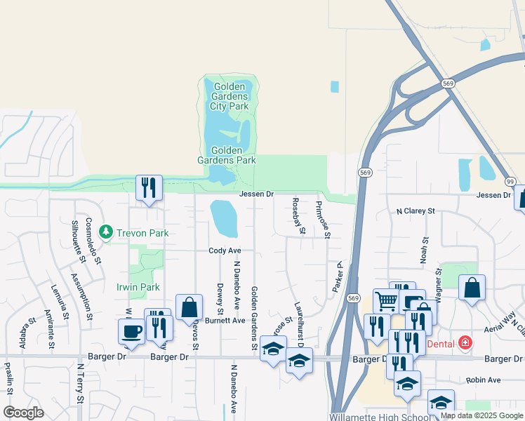 map of restaurants, bars, coffee shops, grocery stores, and more near 2287 Golden Gardens Street in Eugene
