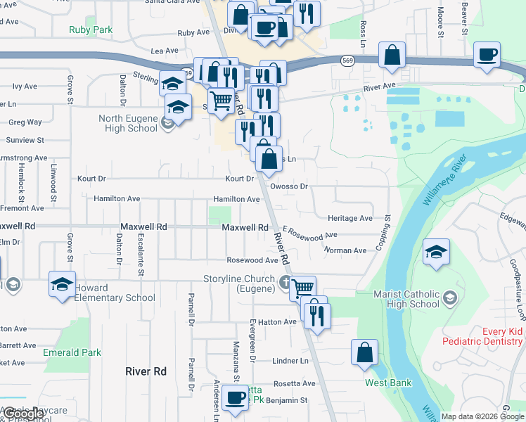 map of restaurants, bars, coffee shops, grocery stores, and more near 1709 River Road in Eugene