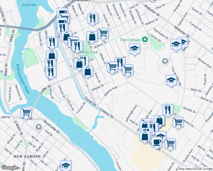 map of restaurants, bars, coffee shops, grocery stores, and more near 336 Bates Street in Lewiston