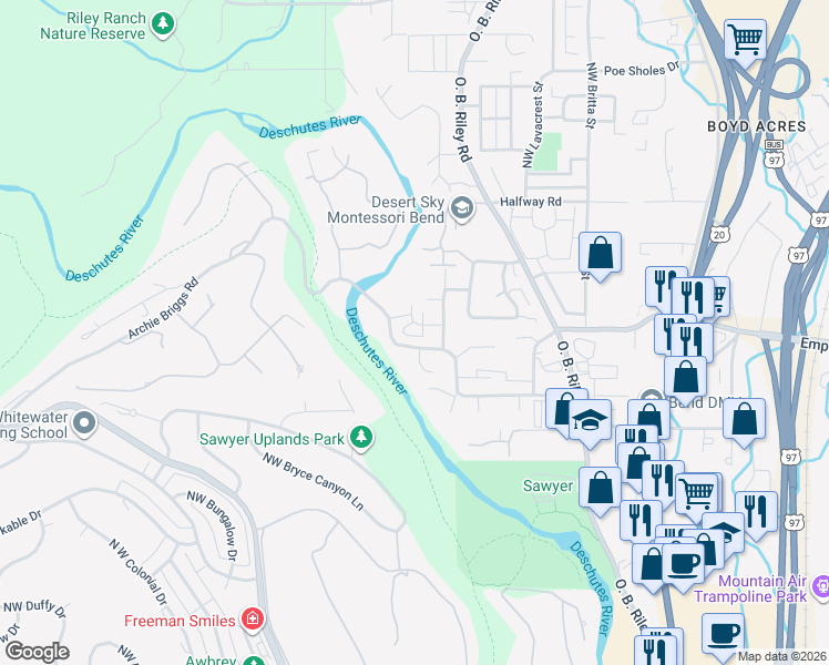 map of restaurants, bars, coffee shops, grocery stores, and more near 63075 Angler Avenue in Bend
