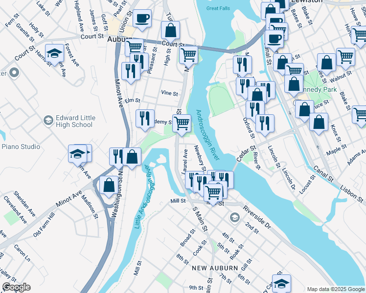 map of restaurants, bars, coffee shops, grocery stores, and more near 5 Laurel Avenue in Auburn