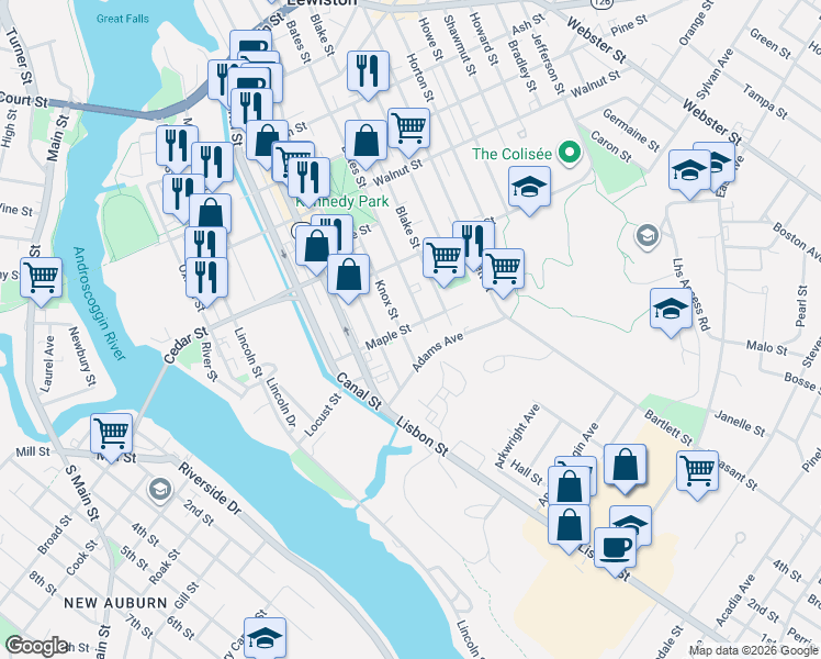 map of restaurants, bars, coffee shops, grocery stores, and more near 57 Maple Street in Lewiston
