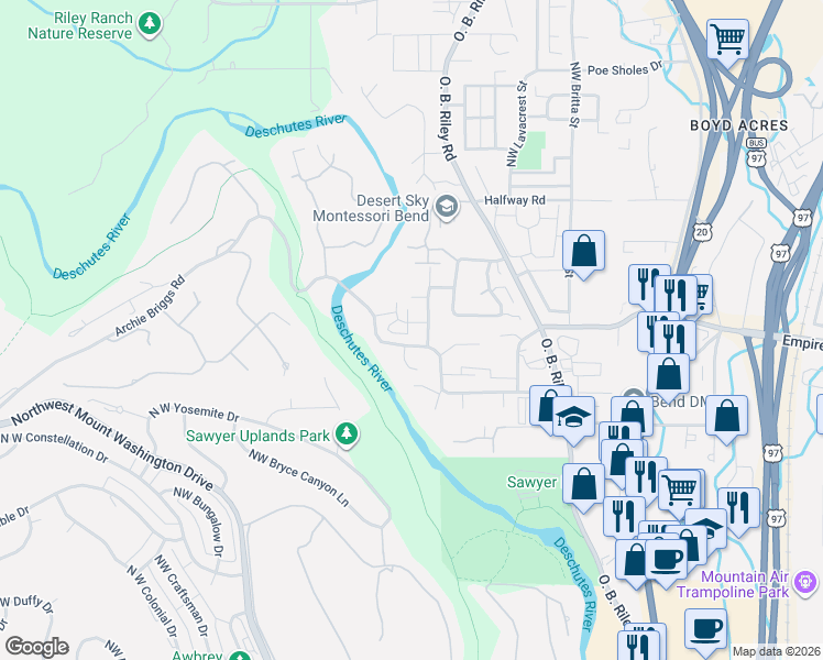 map of restaurants, bars, coffee shops, grocery stores, and more near 63063 Angler Avenue in Bend