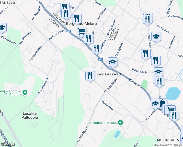 map of restaurants, bars, coffee shops, grocery stores, and more near 40 Via Alta in Sarzana