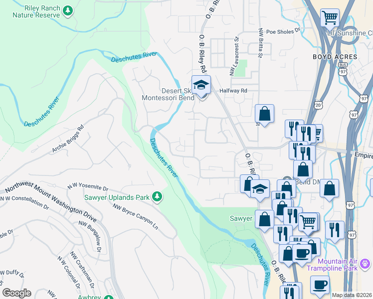 map of restaurants, bars, coffee shops, grocery stores, and more near 36075 Angler Avenue in Bend