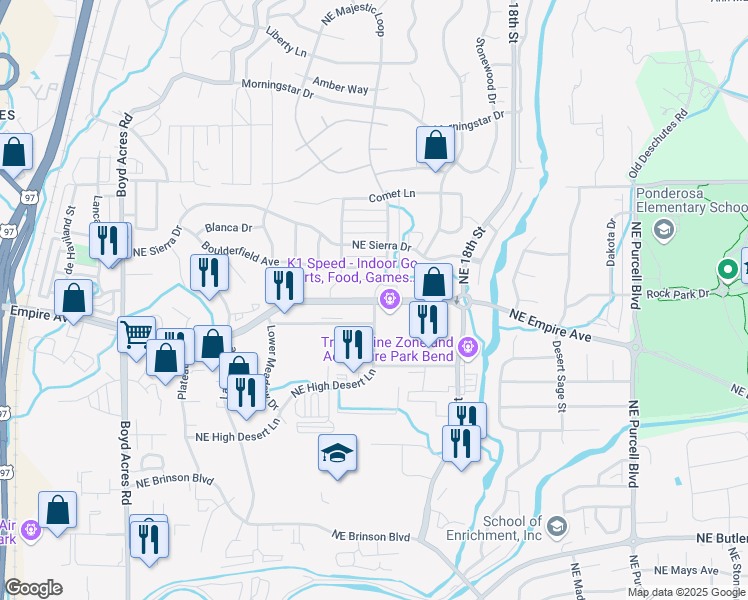 map of restaurants, bars, coffee shops, grocery stores, and more near 20794 Northeast High Desert Lane in Bend