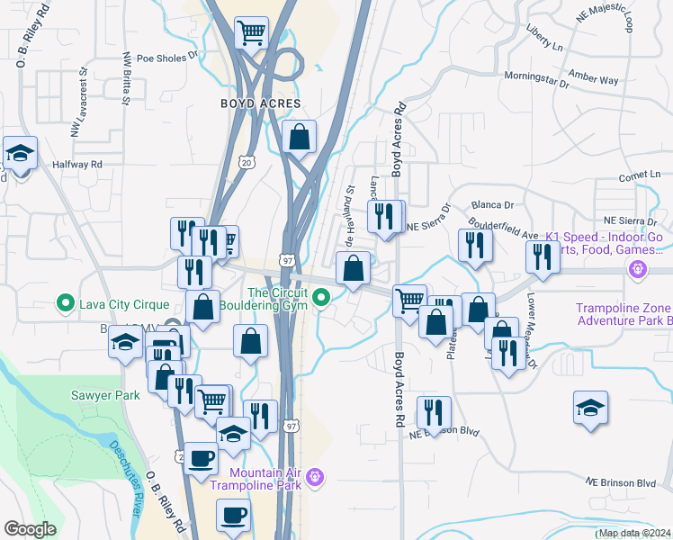 map of restaurants, bars, coffee shops, grocery stores, and more near 20500 Empire Avenue in Bend
