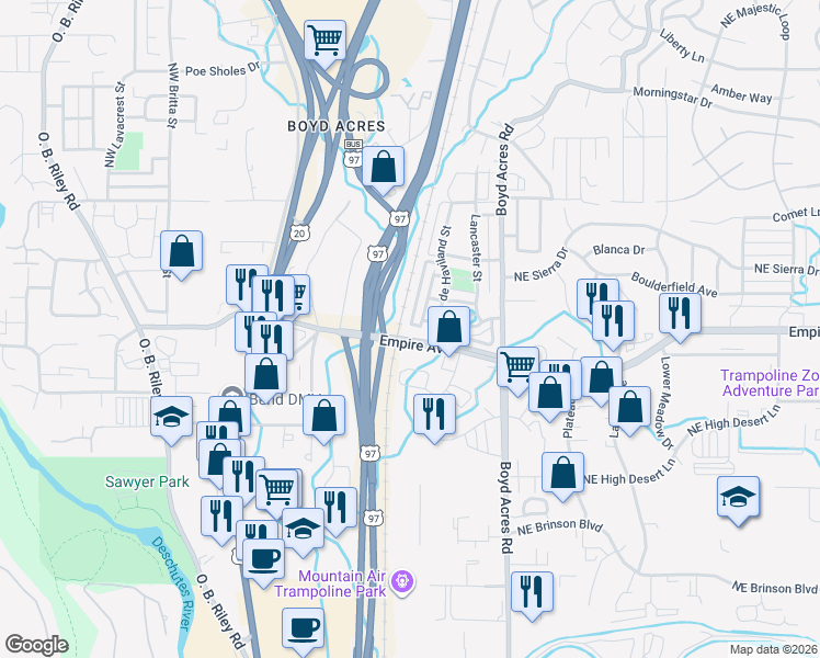 map of restaurants, bars, coffee shops, grocery stores, and more near 20500 Empire Avenue in Bend