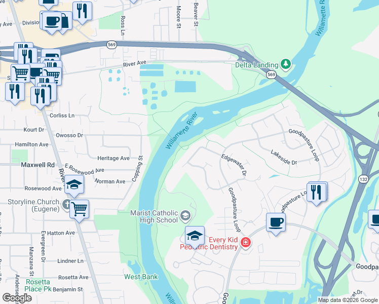 map of restaurants, bars, coffee shops, grocery stores, and more near 2840 Riverwalk Loop in Eugene