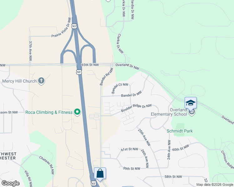 map of restaurants, bars, coffee shops, grocery stores, and more near 2919 Bandel Drive Northwest in Rochester