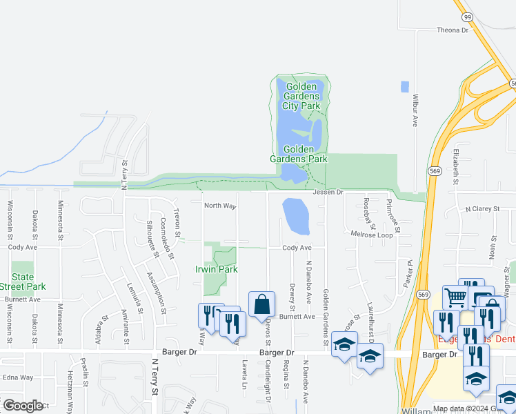 map of restaurants, bars, coffee shops, grocery stores, and more near 2280 Devos Street in Eugene