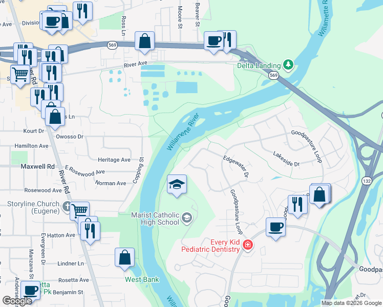 map of restaurants, bars, coffee shops, grocery stores, and more near 2879 Riverwalk Loop in Eugene