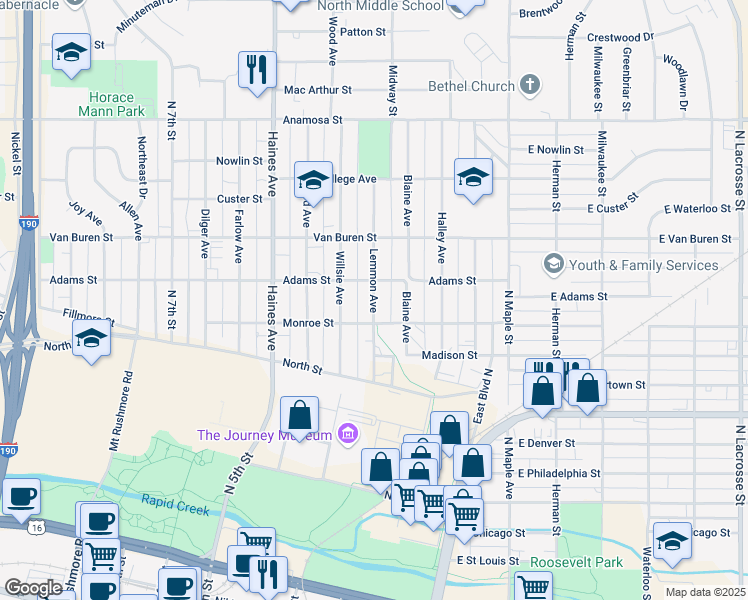 map of restaurants, bars, coffee shops, grocery stores, and more near 501 East Saint Joseph Street in Rapid City