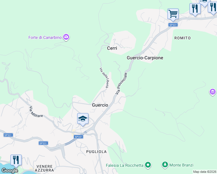 map of restaurants, bars, coffee shops, grocery stores, and more near 23 Via della Libertà in Guercio