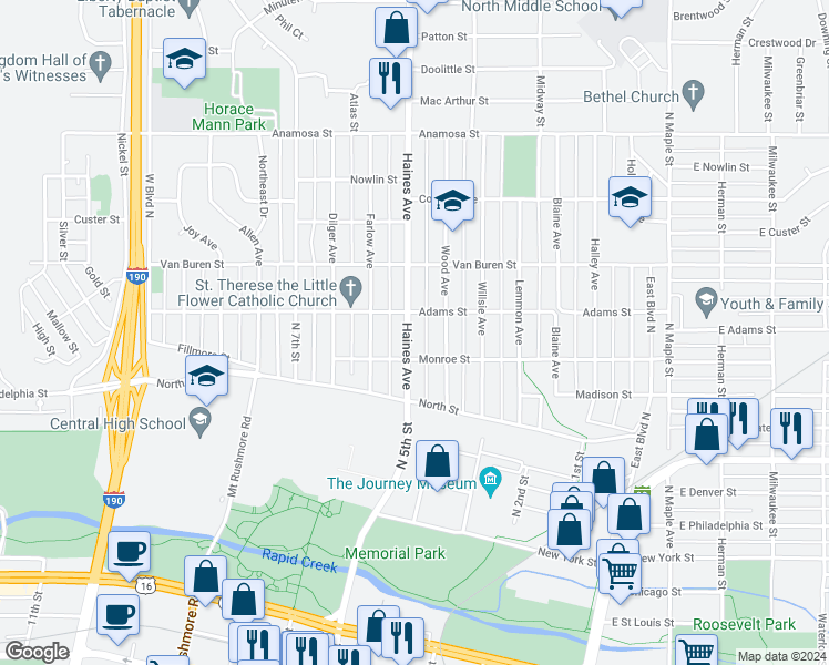 map of restaurants, bars, coffee shops, grocery stores, and more near 720 Haines Avenue in Rapid City