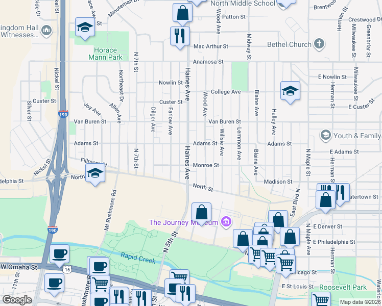 map of restaurants, bars, coffee shops, grocery stores, and more near 720 Haines Avenue in Rapid City