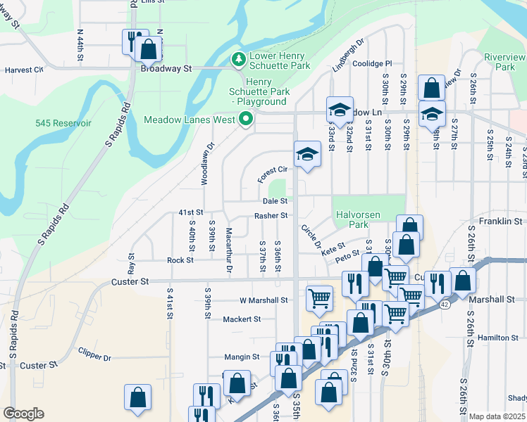 map of restaurants, bars, coffee shops, grocery stores, and more near 3616 Rasher Street in Manitowoc