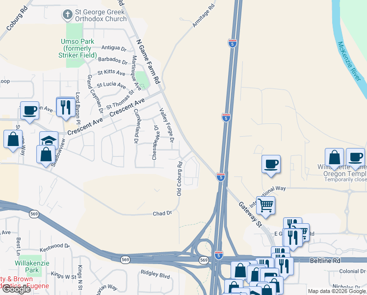 map of restaurants, bars, coffee shops, grocery stores, and more near 89365 Old Coburg Road in Eugene