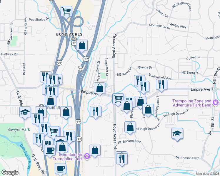 map of restaurants, bars, coffee shops, grocery stores, and more near 63095 Boyd Acres Road in Bend