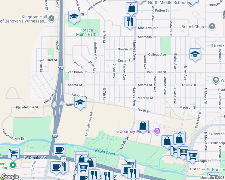 map of restaurants, bars, coffee shops, grocery stores, and more near 721 Dilger Avenue in Rapid City