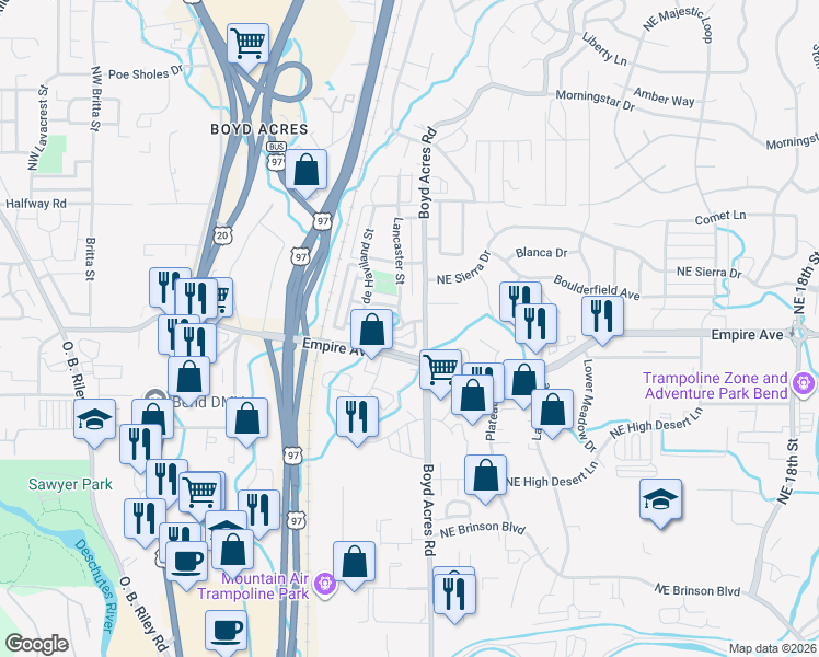 map of restaurants, bars, coffee shops, grocery stores, and more near 63095 Boyd Acres Road in Bend