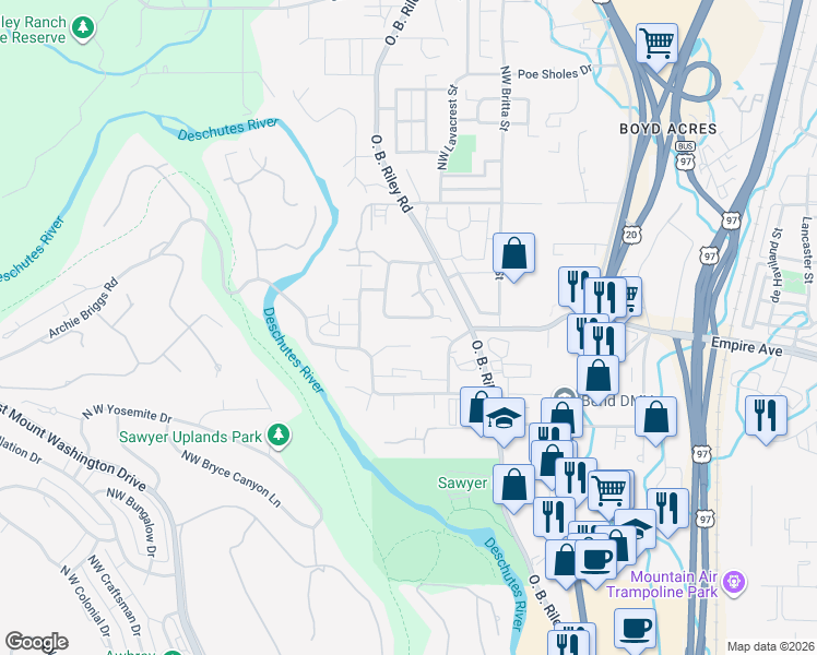 map of restaurants, bars, coffee shops, grocery stores, and more near 20226 Star Ridge Court in Bend